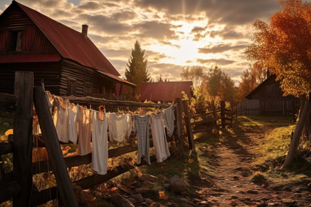 laundry drying on a rustic wooden fence, created with generative aiの素材