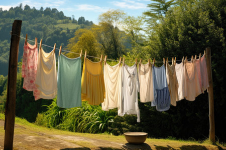 hanging laundry casting shadows on a wall, created with generative aiの素材