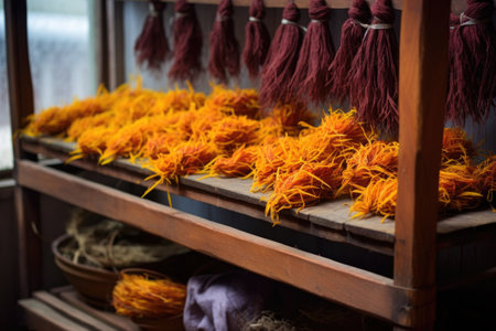 saffron stigmas drying on a traditional wooden rack, created with generative aiの素材