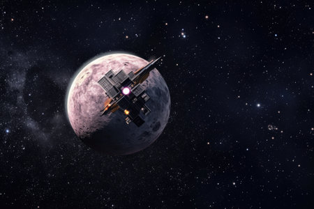 satellite floating in space with a crescent moon backdrop, created with generative aiの素材
