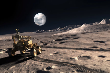 lunar rovers shadow on dusty moon surface, created with generative aiの素材