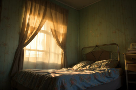 bed with morning sunlight streaming through curtains, created with generative aiの素材