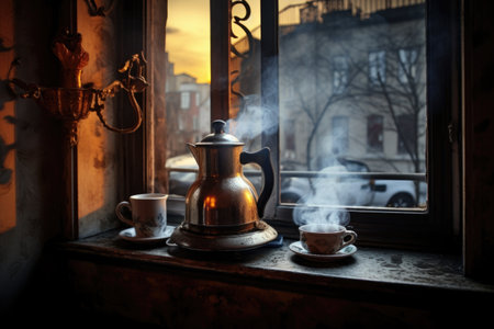 freshly brewed coffee or tea with steam on a windowsill, created with generative aiの素材
