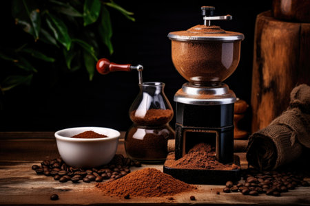 coffee grinder with freshly ground coffee beside, created with generative aiの素材