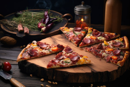 slices of cooked pizza on a rustic wooden board, created with generative aiの素材
