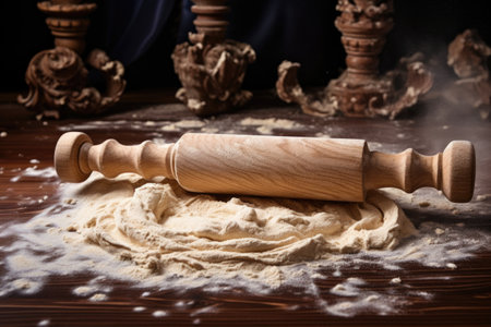 rolling dough with a wooden rolling pin on floured surface, created with generative aiの素材