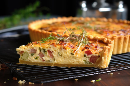 sliced quiche cooling on a wire rack, created with generative aiの素材