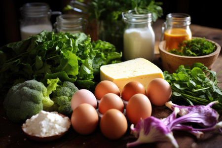 close-up of various ingredients for quiche preparation, created with generative aiの素材