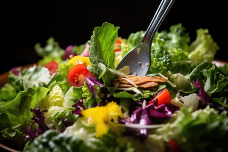close-up of a forkful of mixed salad greens, created with generative aiの素材