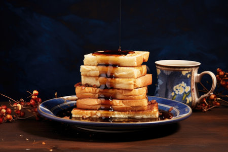 stack of toast on plate with coffee cup nearby, created with generative aiの素材