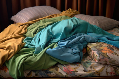 folded pajamas placed on a freshly made bed, created with generative aiの素材