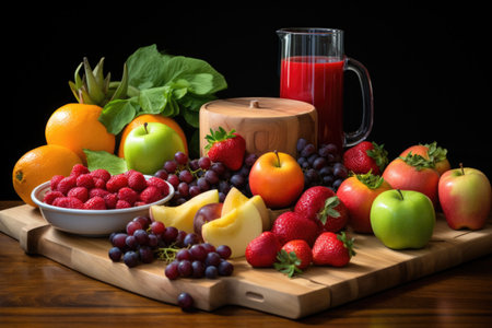 assorted fruits on a board with juicer nearby, created with generative aiの素材