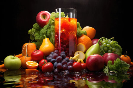 close-up of fruit and vegetable juice mix in a glass, created with generative aiの素材