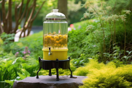 lemonade in a dispenser with a garden background, created with generative aiの素材