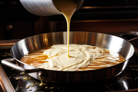 pancake batter being poured onto a hot griddle, created with generative aiの素材
