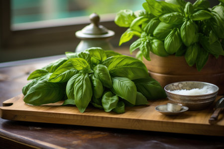 fresh basil leaves on a wooden board, created with generative aiの素材