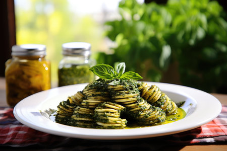 homemade pesto with pasta on white plate, created with generative aiの素材