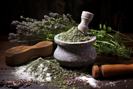 rustic mortar and pestle with crushed herbs, created with generative aiの素材