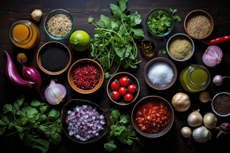 aerial view of salsa making ingredients neatly organized, created with generative aiの素材