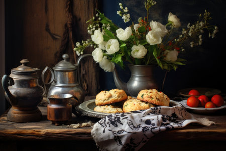 rustic table setting with scones and tea, created with generative aiの素材