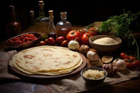 tortilla dough and ingredients with recipe book, created with generative aiの素材