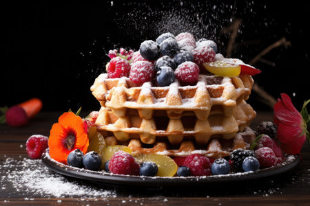 homemade waffles with powdered sugar and fruit, created with generative aiの素材