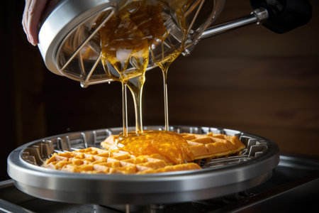 waffle batter being poured into a hot waffle iron, created with generative aiの素材