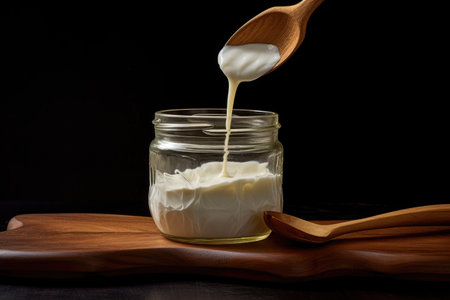 a spoon scooping yogurt from a glass jar, created with generative aiの素材