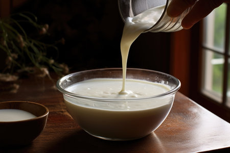 stirring yogurt starter culture into warm milk, created with generative aiの素材