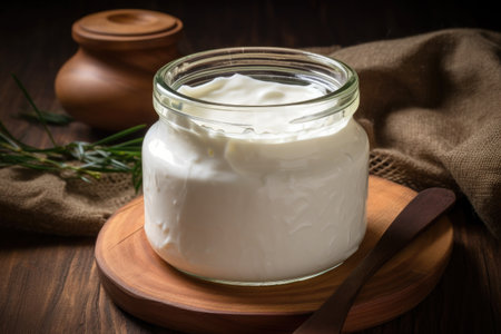 close-up of fresh homemade yogurt in a glass jar, created with generative aiの素材