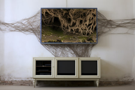 wall-mounted tv with hidden cables, created with generative aiの素材