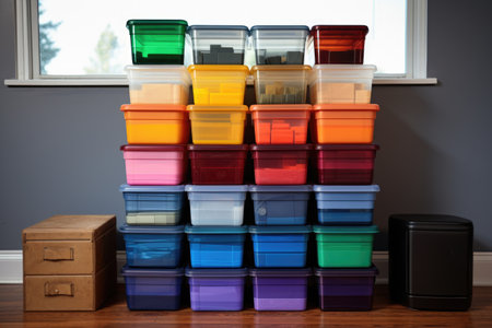 stack of color-coded storage containers with labels, created with generative aiの素材