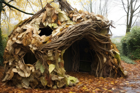 shelter made from branches and leaves, created with generative aiの素材