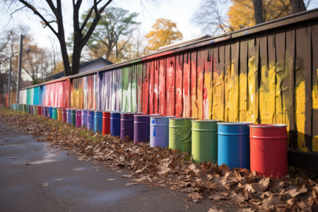 row of paint cans in various colors along fence, created with generative aiの素材
