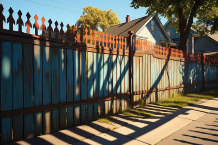 painted fence with sunlight casting shadows, created with generative aiの素材