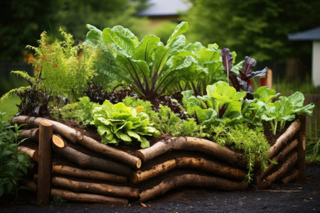 hugelkultur raised bed with plants growing in harmony, created with generative aiの素材