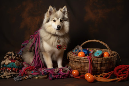 new pet collar, leash, and toys in basket, created with generative aiの素材