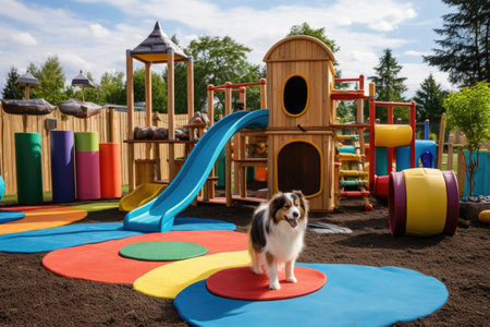 outdoor pet play area with agility course, created with generative aiの素材