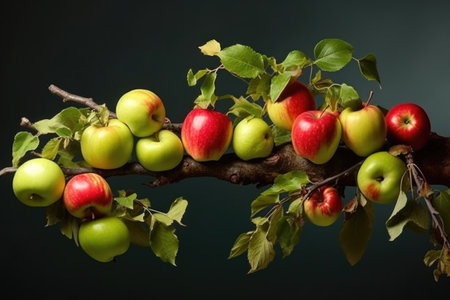 apple tree branch with a mix of ripe and unripe apples, created with generative aiの素材