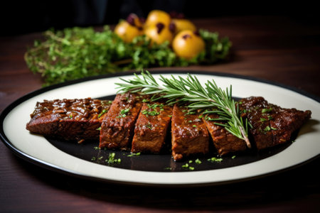 seitan steak with delicious seasoning on a plate, created with generative aiの素材