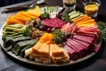 vegan deli slices arranged on a platter, created with generative aiの素材