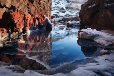 ice chunks floating atop an icy cold swim hole, created with generative aiの素材