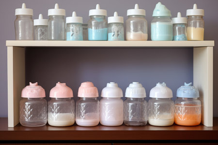set of clean and empty baby bottles on a shelf, created with generative aiの素材