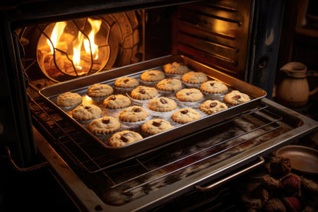 baking tray of cookies or muffins in an open oven, created with generative aiの素材