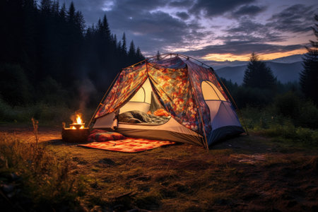 a cozy tent pitched in a beautiful campsite, created with generative aiの素材