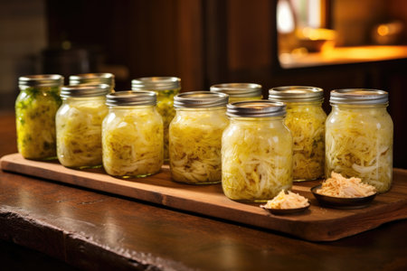 sauerkraut-filled jars lined up on a wooden countertop, created with generative aiの素材