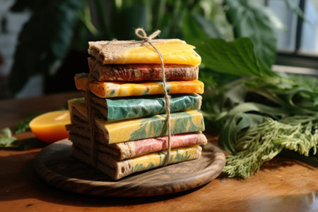 stack of pre-made sandwiches wrapped in sustainable beeswax wraps, created with generative aiの素材