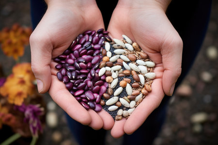 close-up of heritage seeds in a gardeners hand, created with generative aiの素材