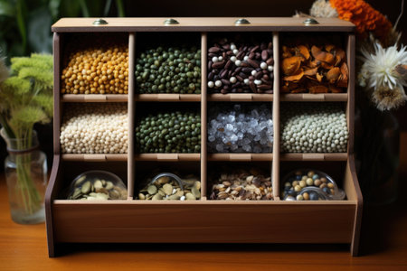 heritage seed collection in a wooden organizer, created with generative aiの素材