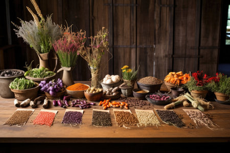 heirloom seeds displayed on rustic wooden table, created with generative aiの素材
